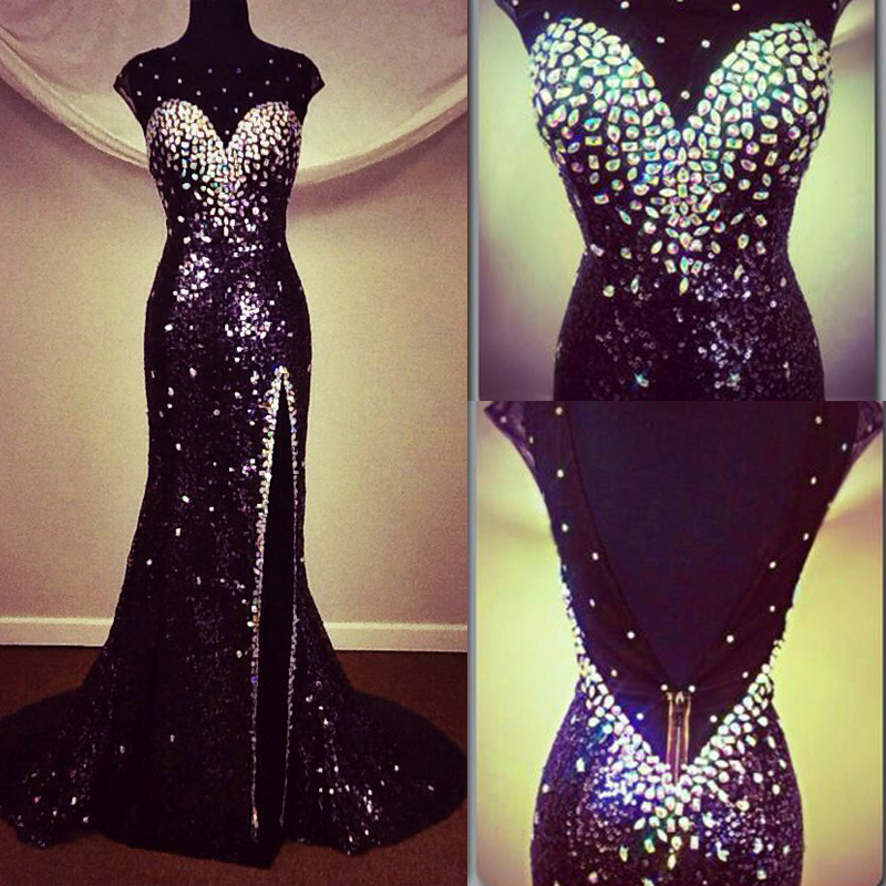 Luxury Black Covered Beaded Mermaid Prom Dress Cap Sleeves Party Dress