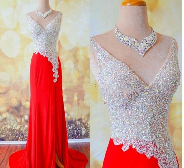 Charming Strapless Red Chiffon Beaded Slit Mermaid Long Evening Dress Prom Gown SP889 main image 0